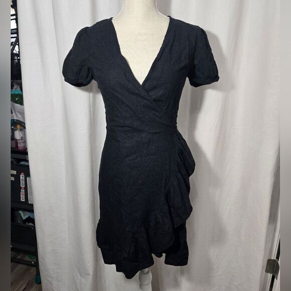 Culture Code Black Linen Wrap Dress Sz Small - Picture 2 of 6